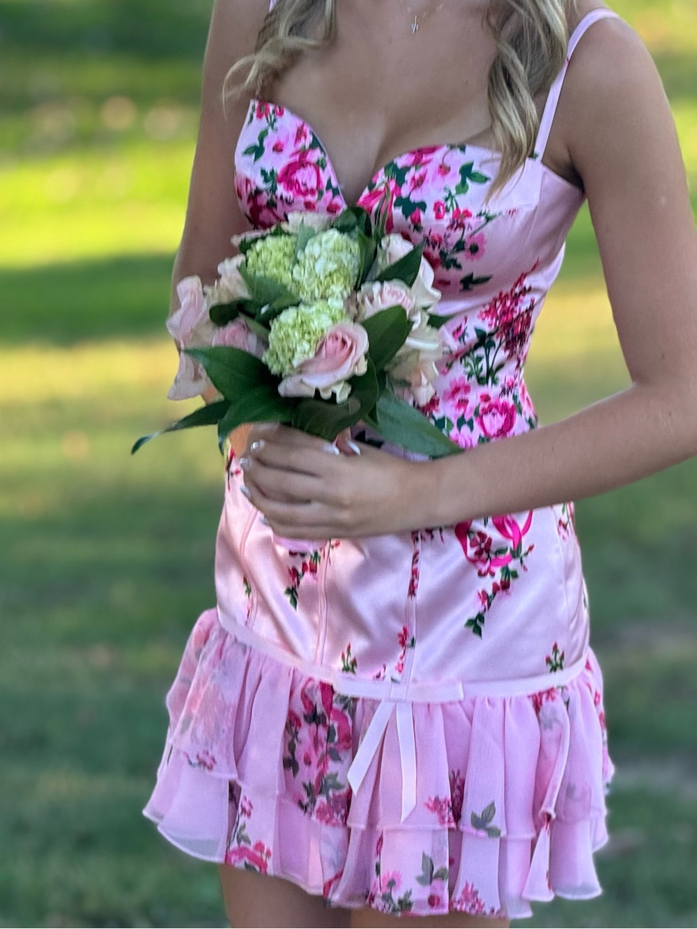 Sherri Hill Floral Pink Bustier Dress with Ruffle Hem
